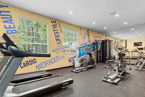 A gym with treadmills, exercise bikes and other equipment.