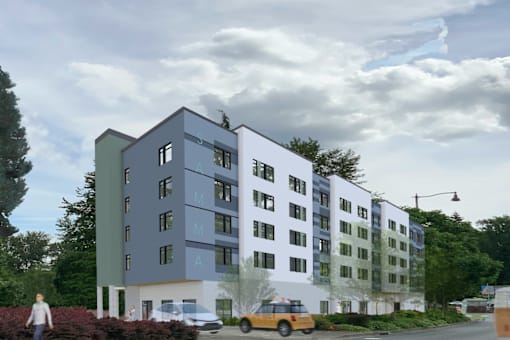 a rendering of an apartment building on a city street