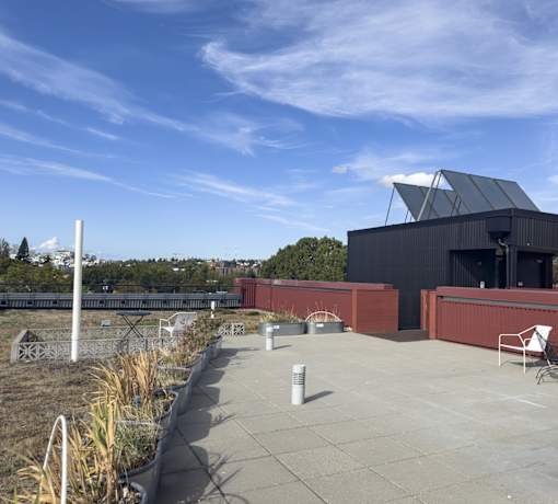 A modern building with a black exterior and a red roof is surrounded by a paved area with a few plants and a white pole.