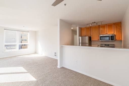 A sunny day in a white and beige living room with a kitchen in the background.