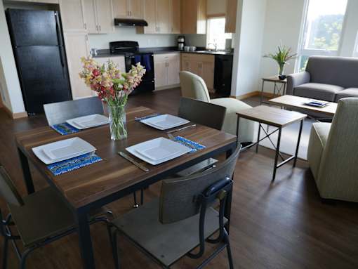 A dining table with chairs and a vase of flowers in the middle.