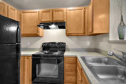 A black refrigerator sits next to a black stove in a kitchen with wooden cabinets.