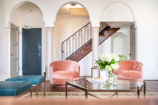 Living Area With Staircase at Villa Carlotta – Furnished Apartments, Los Angeles, CA, 90028