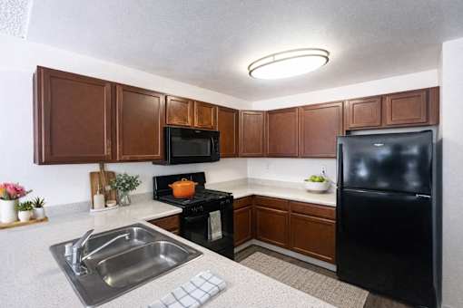 photo of kitchen with black refrigerator, black microwave and black stove