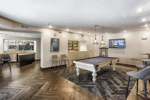 furnished clubroom with pool table in apartment building  at The Brookhaven Collection, Georgia