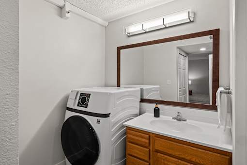 A white washing machine sits next to a bathroom sink.