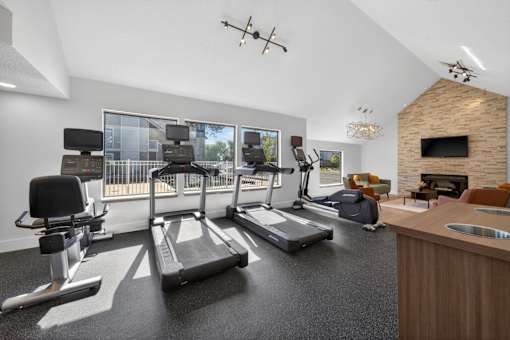 A home gym with treadmills, exercise bikes, and a television.