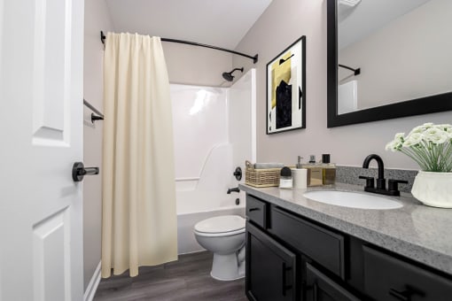 a bathroom with a shower curtain and a sink and a toilet