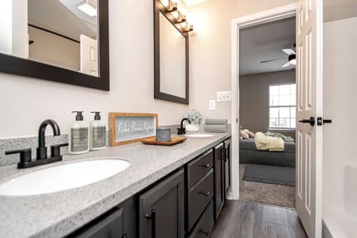 a bathroom with a sink and a mirror