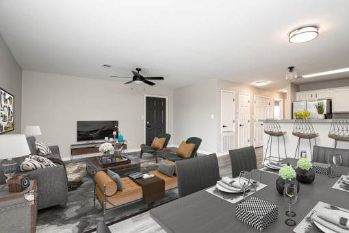 a living room with a couch and a table
