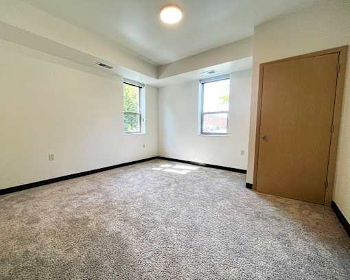 A room with a carpeted floor, a door, and two windows.