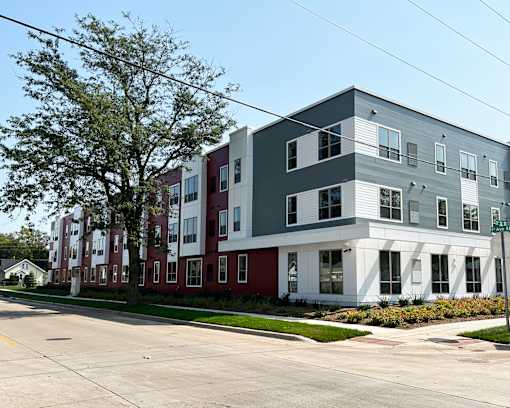 A row of modern townhouses with a tree in front of the first one.
