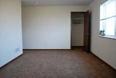 A room with a brown carpet and a door.