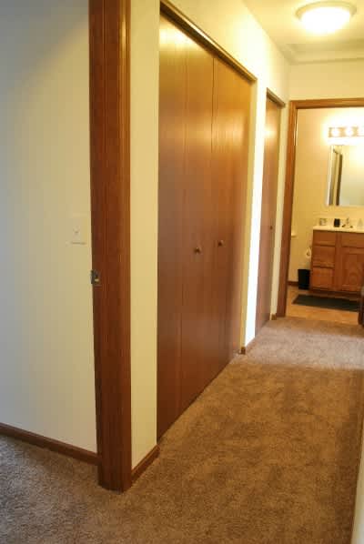 A hallway with a carpeted floor and a wooden door.
