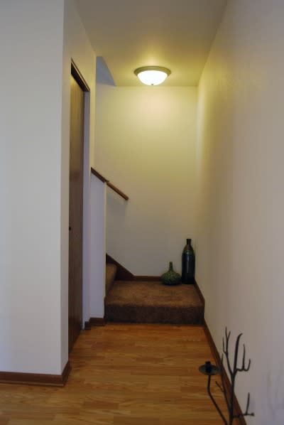 A hallway with a light on the ceiling and a bottle on the stairs.