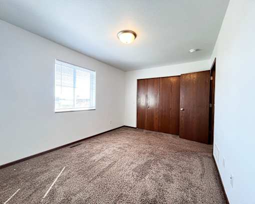 A room with a brown carpet and a brown wardrobe.