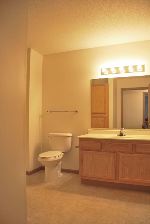 A bathroom with a toilet, sink and mirror.