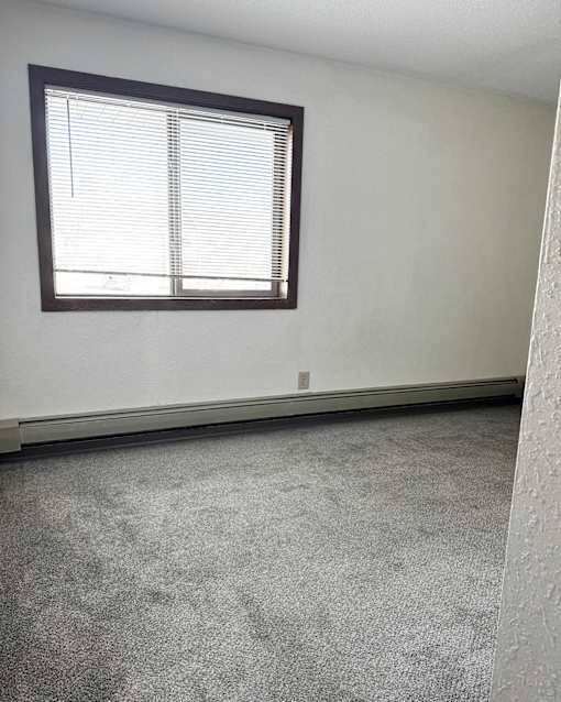 A room with a carpeted floor and a window with blinds.