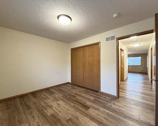 A room with a wooden floor and a brown door.