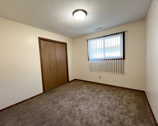 an empty living room with carpet and a window