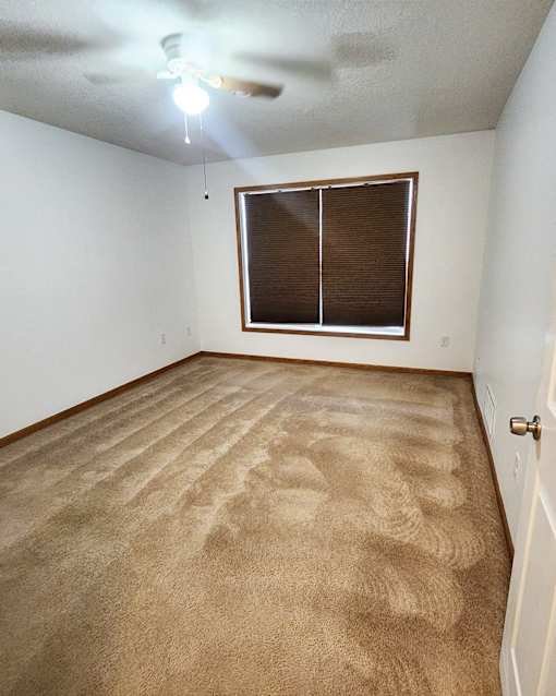 A room with a carpeted floor and a ceiling fan.