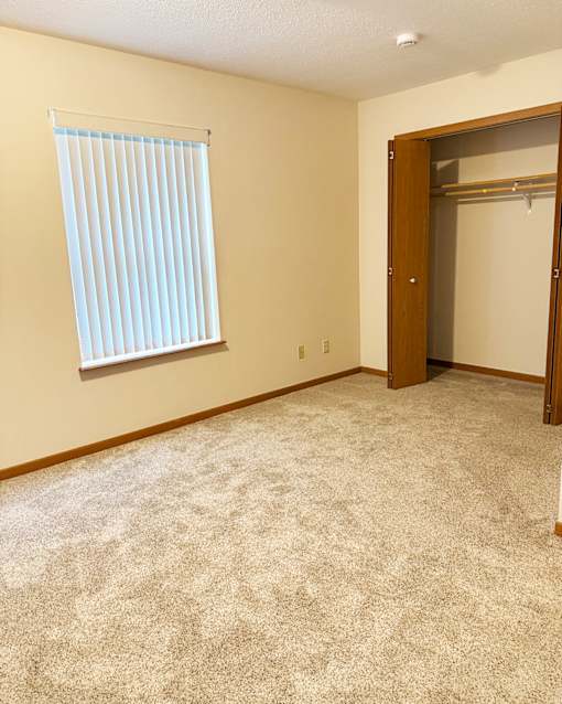 A room with a carpeted floor, a window with blinds, and a closet with a door.