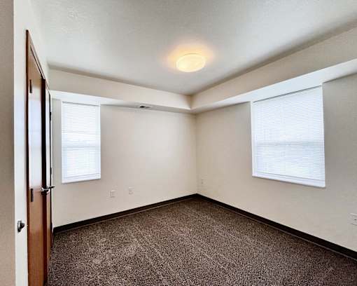 A room with a brown carpet and a brown door.