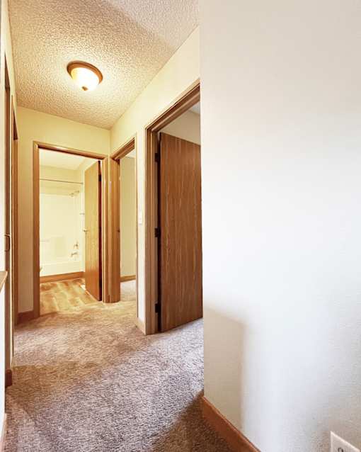 A hallway with a carpeted floor and a light on the ceiling.