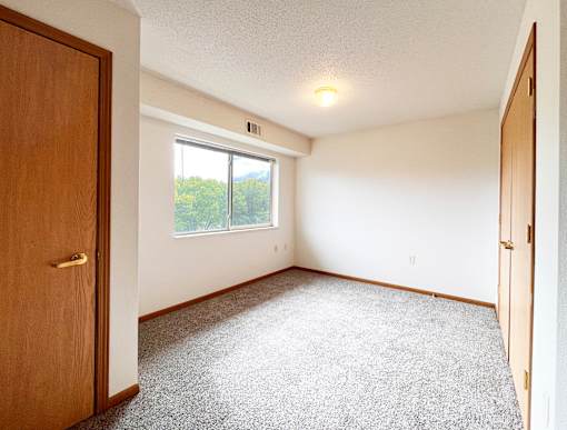 A room with a carpeted floor and a window.