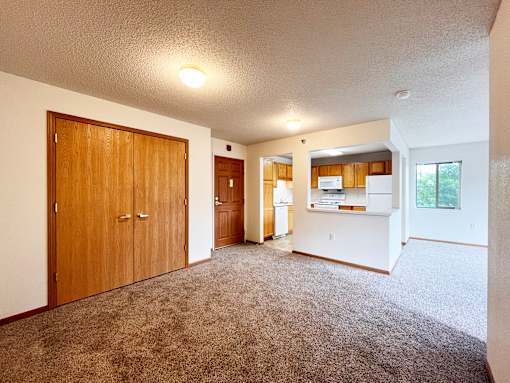 A large, empty room with a carpeted floor and a kitchen area in the background.
