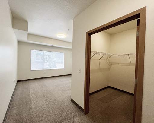 A room with a brown carpet and a wooden door leading to a closet.