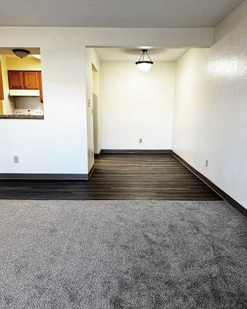 A room with a grey carpet and wooden floor.