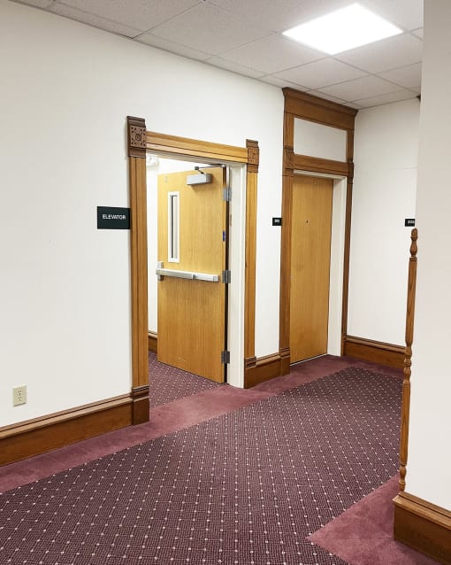 a hallway with two doors and a red carpet