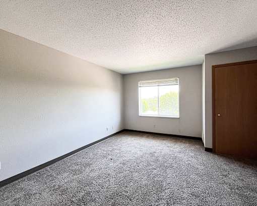 A room with a carpeted floor and a window.