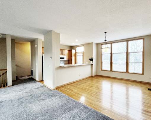 A large, empty room with wooden floors and a grey rug.