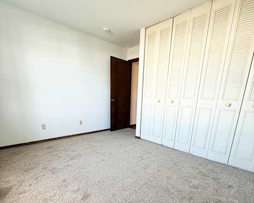 A room with a carpeted floor and a row of white closet doors.