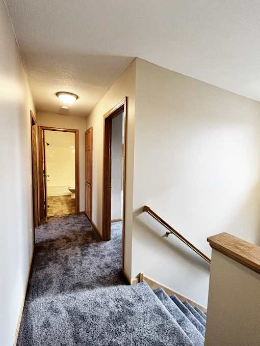 A hallway with a staircase and a door.
