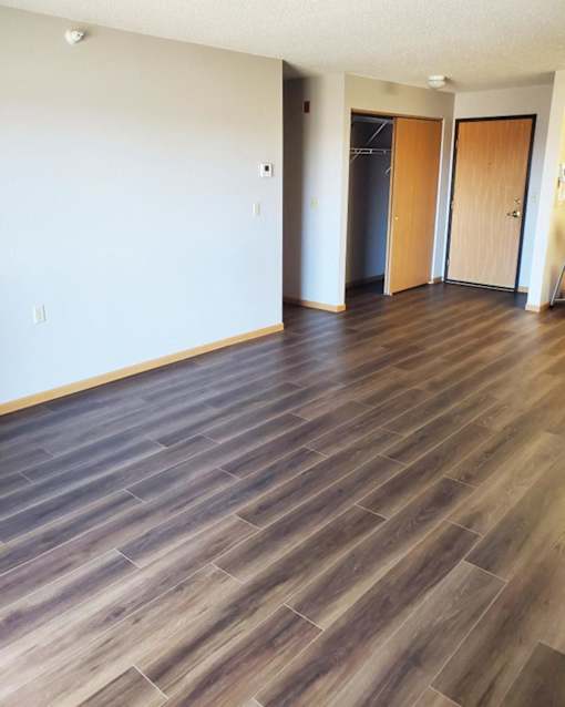 A room with wooden flooring and two doors.