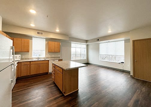 an empty kitchen with wood flooring and a counter top
