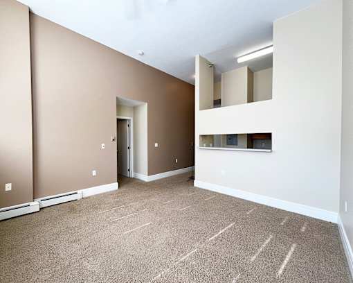 A large empty room with a carpeted floor and a mirrored wall.