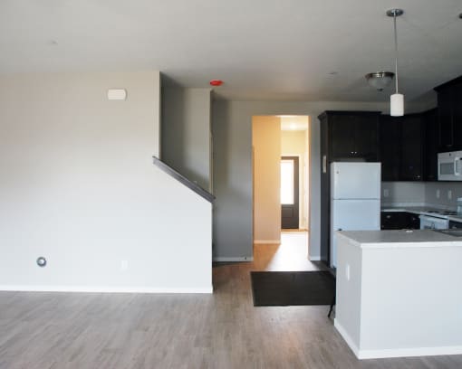 a view of the kitchen from the living room