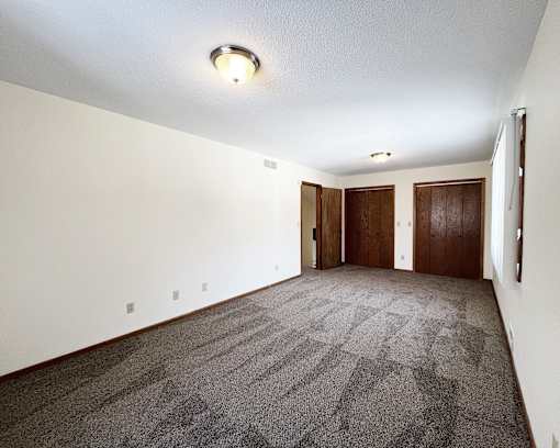 A carpeted room with a white ceiling and two brown doors.