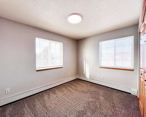 A room with a carpeted floor and two windows.
