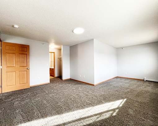 A room with a carpeted floor and a wooden door.