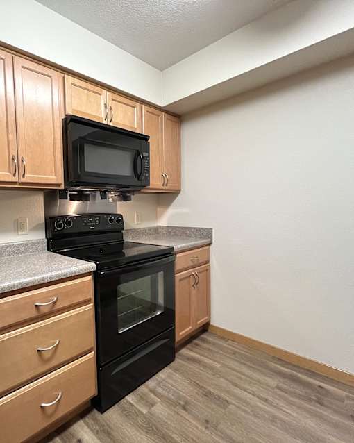 A kitchen with black appliances and wooden cabinets.