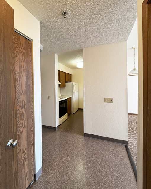 A hallway with a brown door on the left and a white wall on the right.