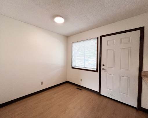 A room with a white door, a window with blinds, and a light on the ceiling.
