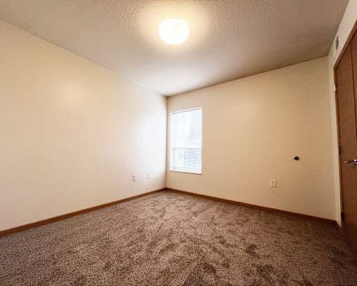 A room with a carpeted floor and a window.
