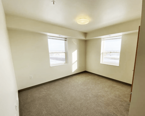 A room with carpeted floor and two windows.