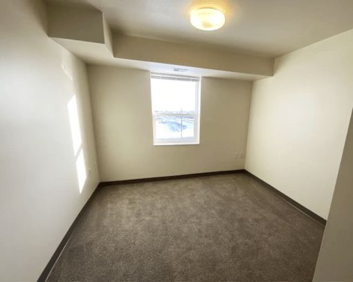 A room with a window and a carpeted floor.